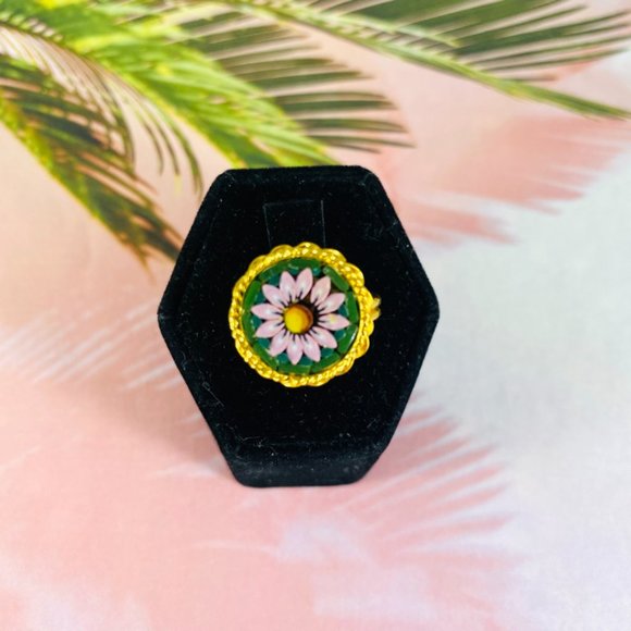 Vintage gold tone Millefiori sunflower adjustable ring mini mosaic One size fits - Picture 2 of 5